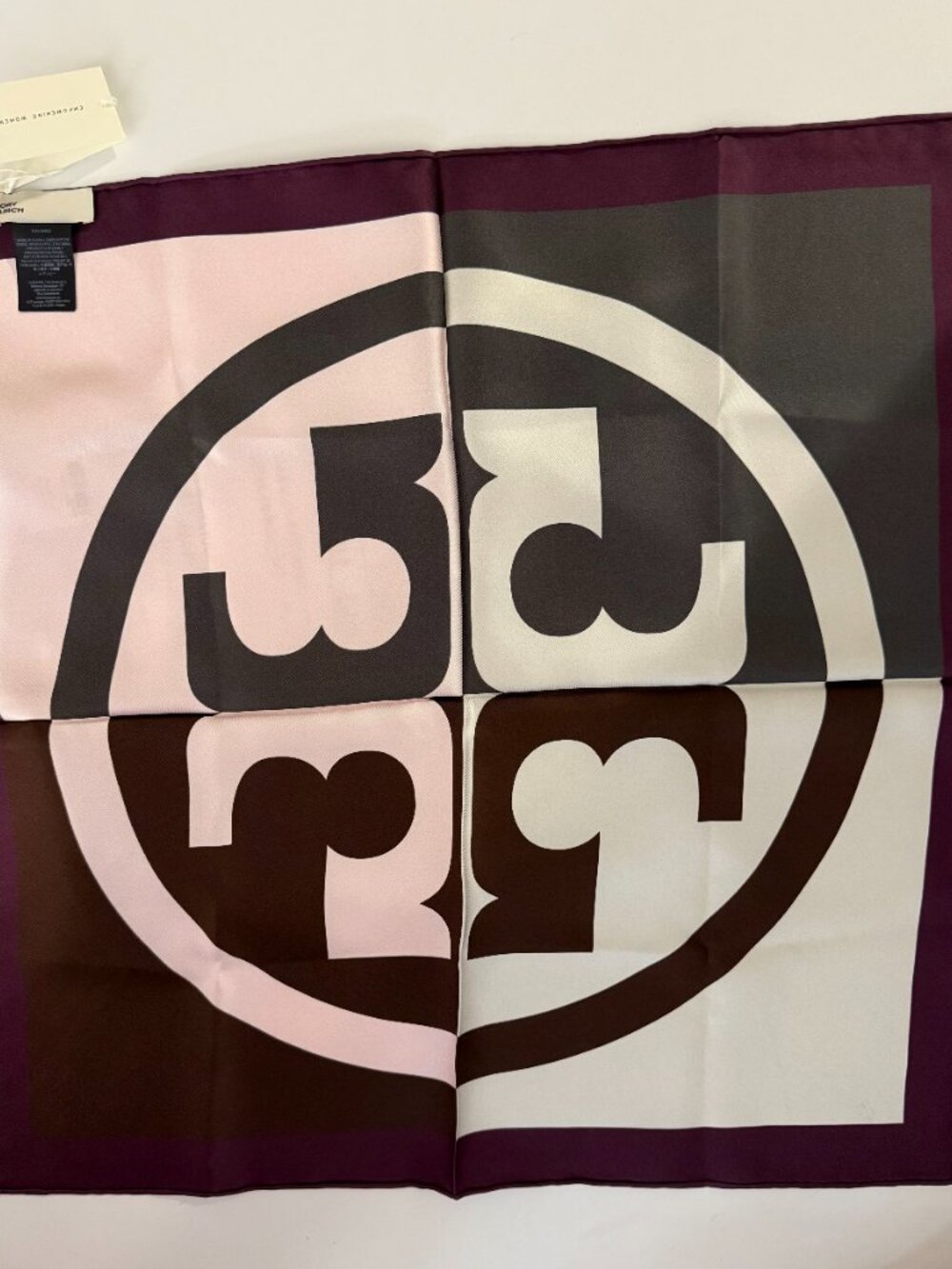 NWT: Tory Burch Double T Logo Neckerchief | Burgundy Pink Cream (22" x 22")